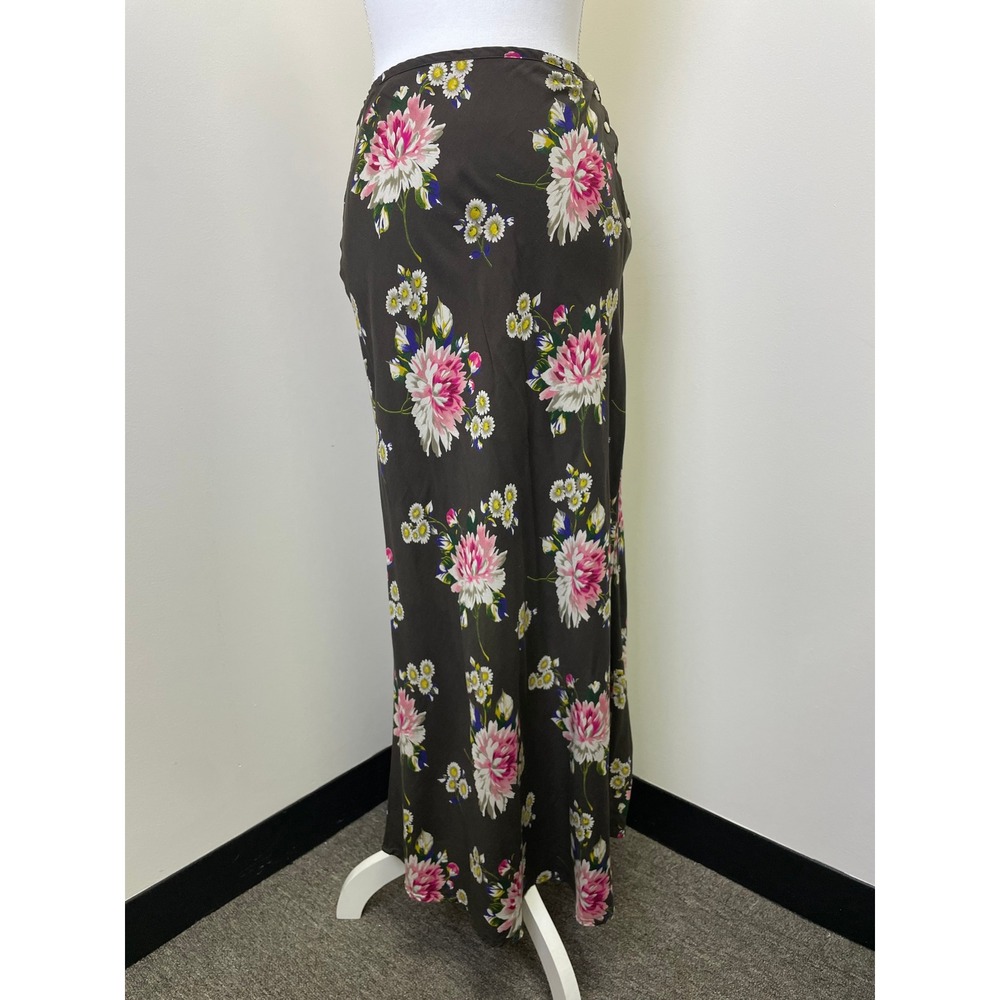 Vintage Guess Floral Maxi Skirt M Brown Pink Rayon Side Button 90s Grunge